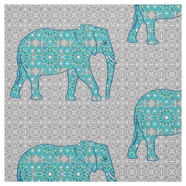 Tecido Elefante da flor da mandala - turquesa, cinza & (Modelo)