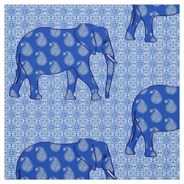 Tecido Elefante de Paisley - azuis cobaltos e branco (Modelo)