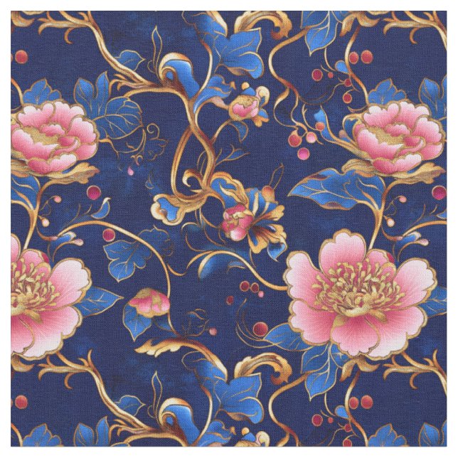 Tecido Elegante cloisonné floral rosa azul (Detalhe)