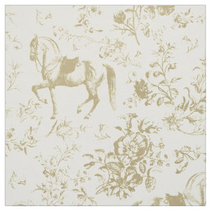 Tecido Elegante Vintage Beige Dourado Cavalo Toile Floral