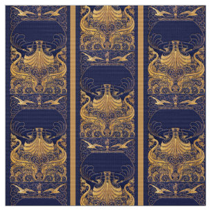 Tecido Embarcação Antiga,Golfinhos,Dourado,Azul Marinho N