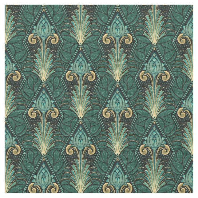 Tecido Emerald Green Art Deco Lotus sobre pano de fundo (Detalhe)