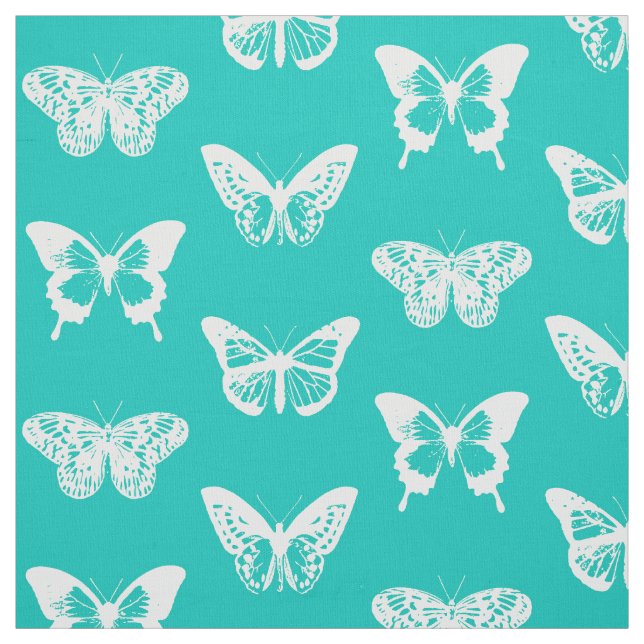 Tecido Esboço da borboleta, turquesa e branco (Modelo)
