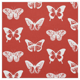 Tecido Esboço da borboleta, vermelho escuro e branco