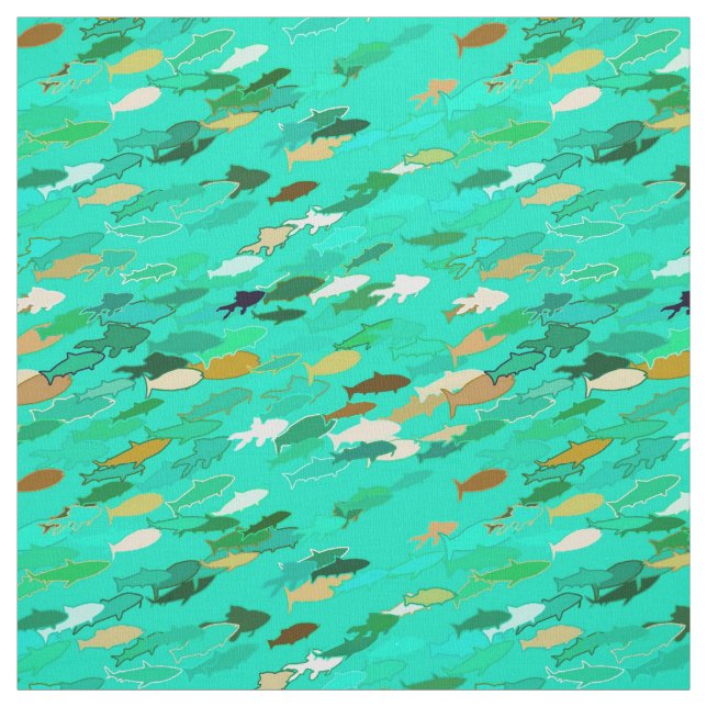 Tecido Escola de Peixes, Aqua, Verde e Dourada (Modelo)