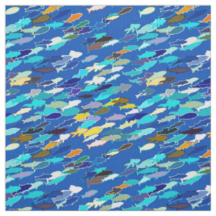 Tecido Escola dos peixes, azul escuro, brancos, turquesa