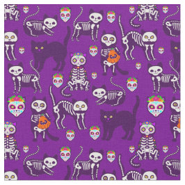 Tecido esqueleto de gato de halloween roxo