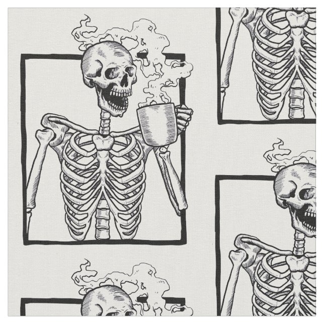 Tecido esqueleto de halloween café bebendo engraçado (Detalhe)