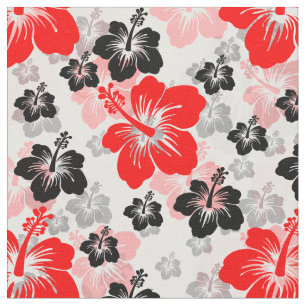 Tecido Estampa Floral Hibisco Tropical Preto Vermelho