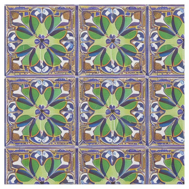 Tecido Estilo marroquino Padrão de Azulejo Azul e Verde F (Detalhe)