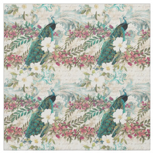 Tecido Estilo Vintage Pavão Teal e Floral Rosa