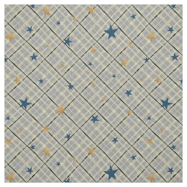 Tecido Estrelas Douradas e azuis sobre fundo cinza (Modelo)