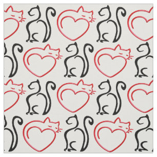Tecido Eu Adoro Gatos! (Preto e Vermelho em Branco)