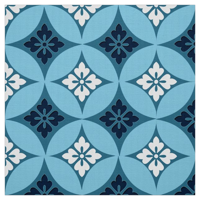 Tecido Expedição com Motif Flor, Azul e Branco (Modelo)