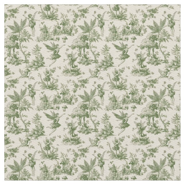 Tecido Fadas da Floresta Verde Padrão Toile de Jouy (Detalhe)