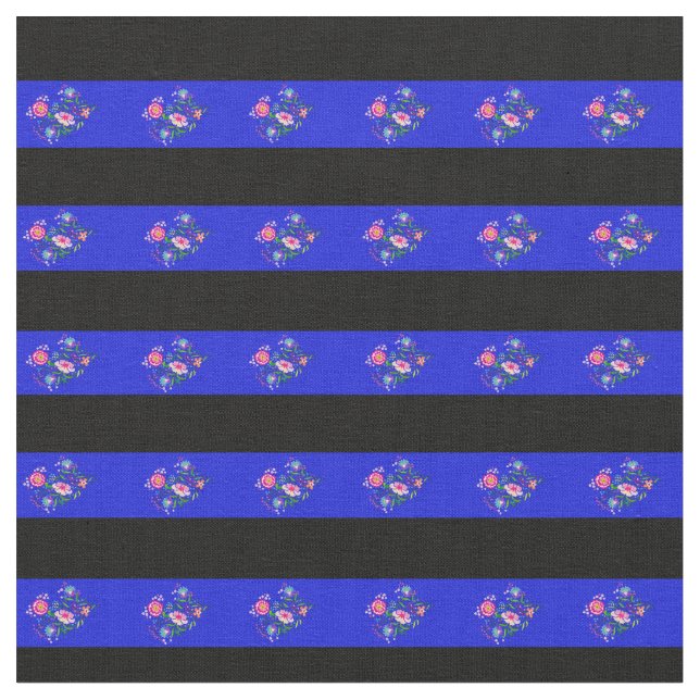 Tecido Faixa de flores azul, preta (Detalhe)