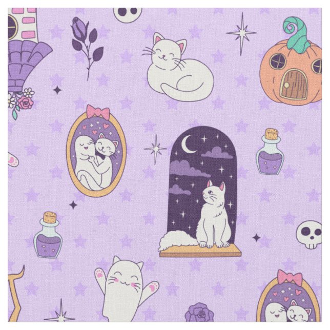 Tecido fantasioso roxo halloween assustador fantasma gato (Detalhe)