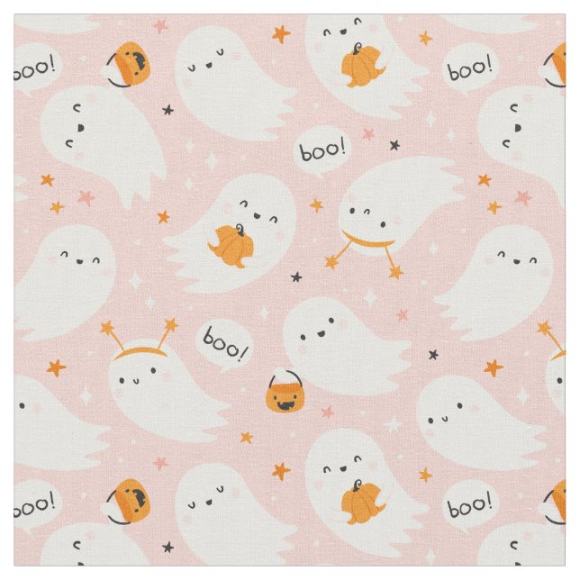 Tecido Fantasmas bonitos do Halloween com abóboras de ros (Detalhe)