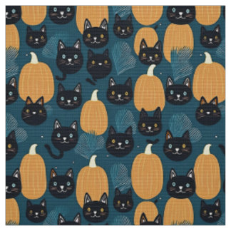 Tecido Felinos pretos e abóboras