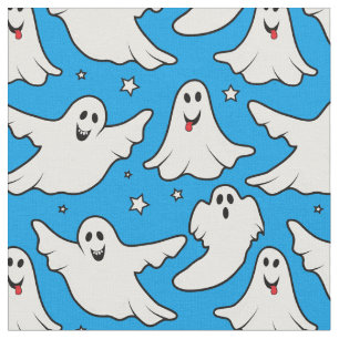 Tecido Feliz Padrão de Halloween para Fantasmas no Azul