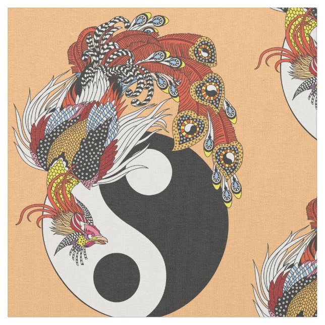 Tecido Fênix chinesa ou Feng Huang com símbolo yin yang (Detalhe)