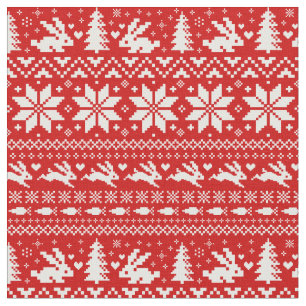 Tecido Feriado de Natal de Bunnies Bonitos Vermelho e Bra