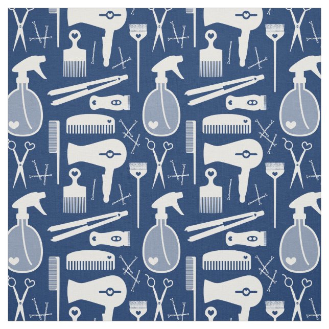 Tecido Ferramentas de Salão de Cabelo Azul e Branco Retro (Modelo)