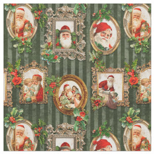 Tecido Festivo Vintage Santas em Quadros de Ornamentado c