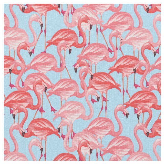 Tecido Flamingos cor-de-rosa brilhantes no azul (Detalhe)