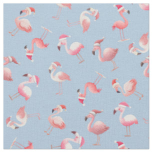 Tecido Flamingos de Natal Espalhados em Azul Claro