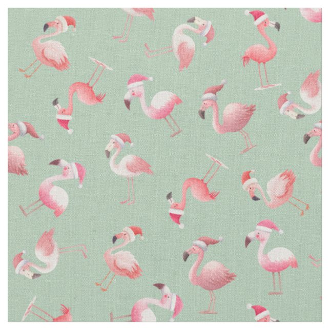 Tecido Flamingos de Natal Jogados em Verde Claro (Detalhe)