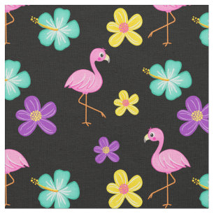 Tecido Flamingos e flores cor-de-rosa e preto