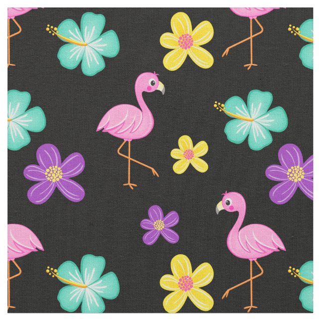 Tecido Flamingos e flores cor-de-rosa e preto (Detalhe)