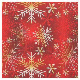 Tecido Flocos de neve brancos e Dourados no fundo vermelh