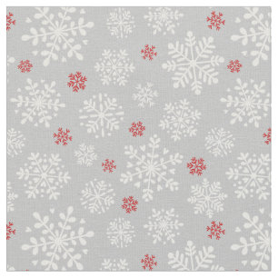 Tecido Flocos de neve elegantes brancos e vermelhos em ci