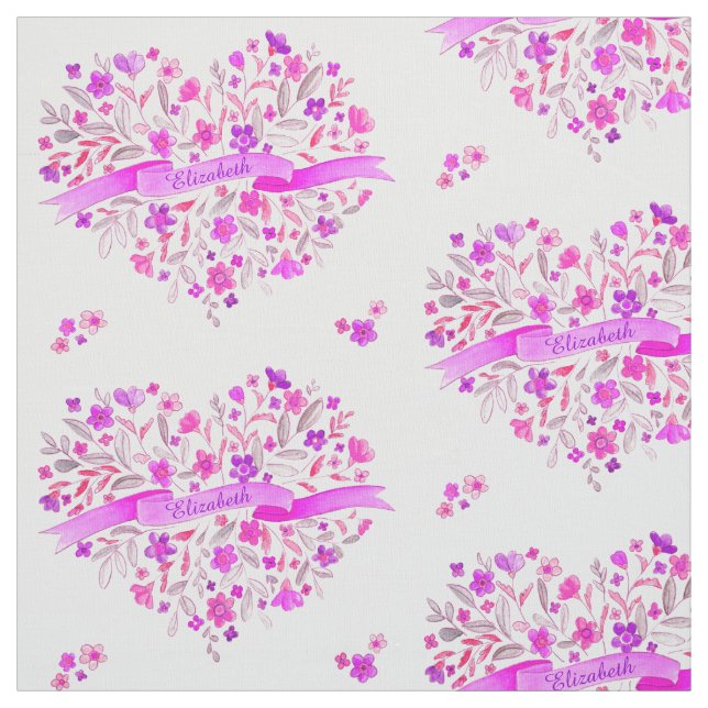 Tecido Flor coração cor-de-rosa púrpura nome aquarela art (Modelo)