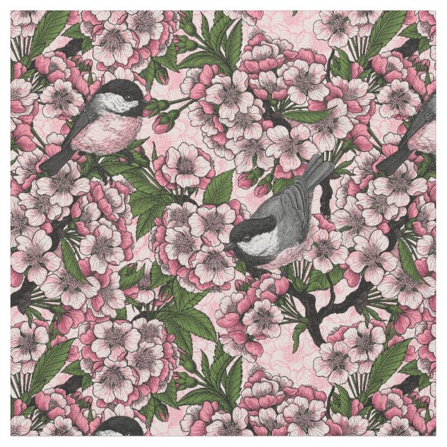 Tecido Flor de cereja e frangas a rosa (Detalhe)