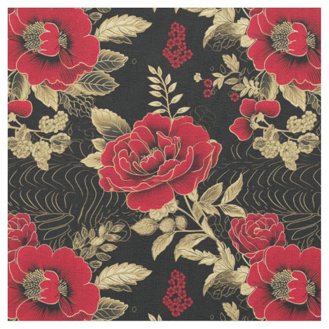 Tecido Floração Vermelha Dourada (Detalhe)