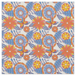 Tecido Floral Azul e Laranja