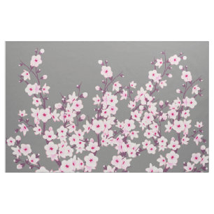 Tecido Floral Cherry Blossoms Cinzas Rosa