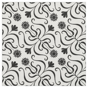 Tecido Floral Damasco preto e girassol branco