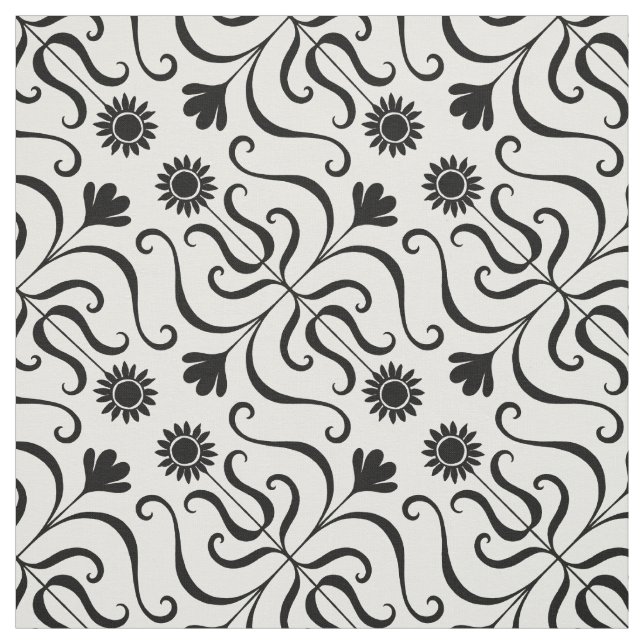 Tecido Floral Damasco preto e girassol branco (Modelo)