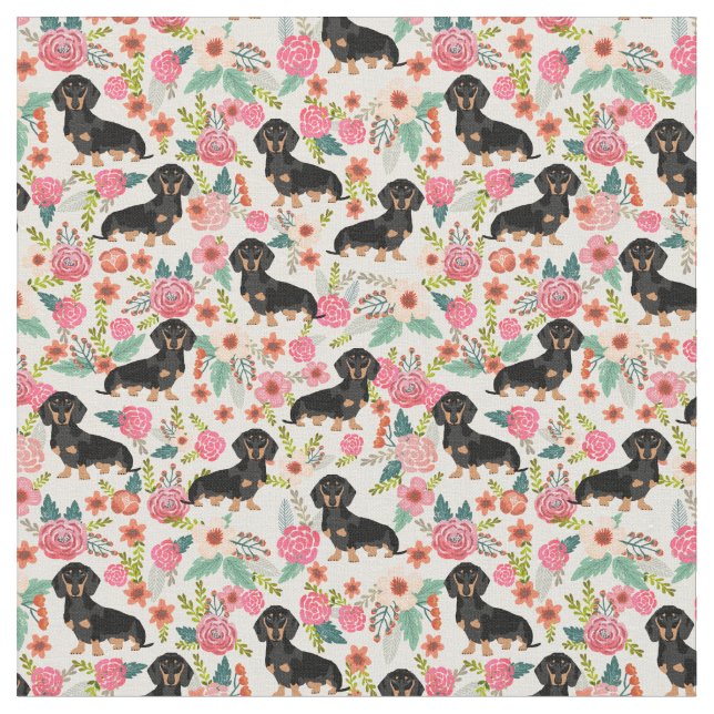 Tecido floral de Doxie - preto e doxie tan - creme (Detalhe)