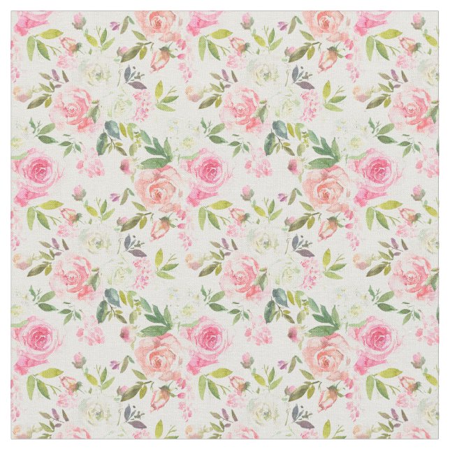 Tecido Floral de Rosas Bege Branco Rosa Elegante (Detalhe)