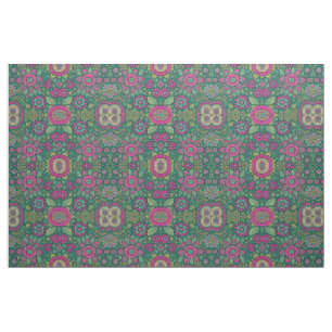 Tecido Floral Fractal Hippie Flores Verde Rosa Vintage