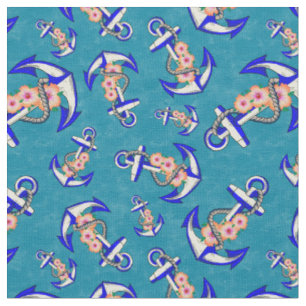 Tecido Floral Náutico Ancorar Azul marinho, Azul