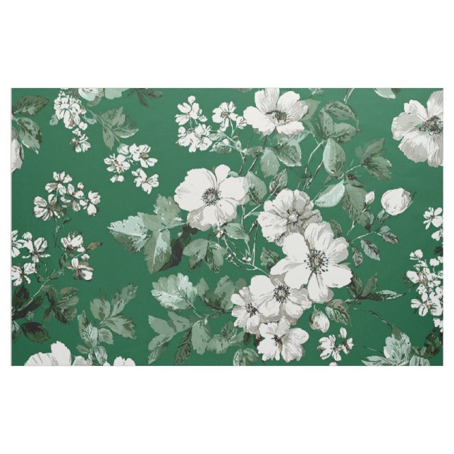 Tecido Floral Ousado Branco Verde Rústico Botânico  (Jarda)
