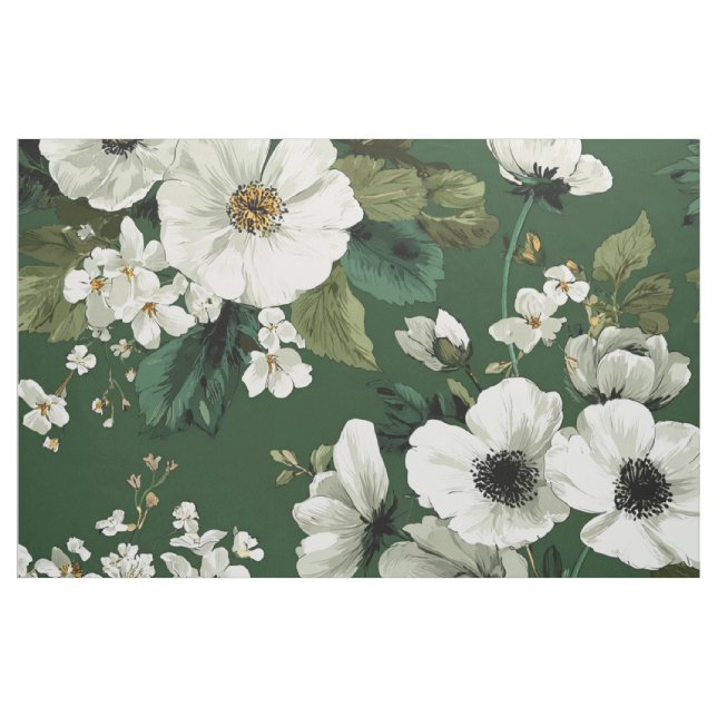 Tecido Floral Ousado Branco Verde Rústico Botânico  (Jarda)