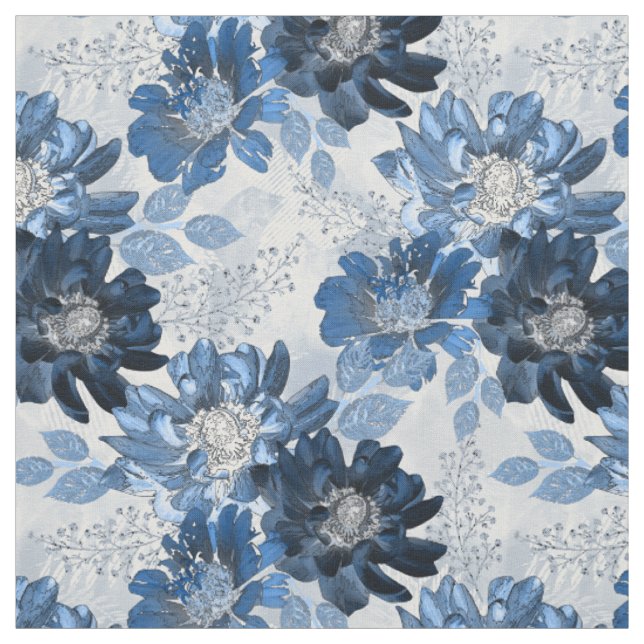 Tecido Flores azuis-claras e azuis-escuras em cinzas clar (Modelo)