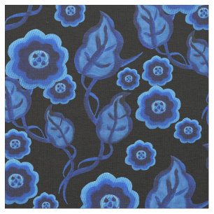 Tecido Flores azuis, folhas azuis, Folk art floral 2 pret